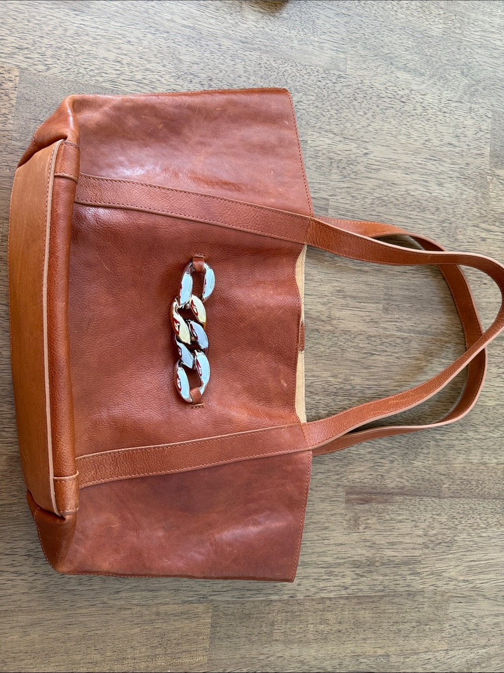 Women's Tan Leather Tote with Chain Accent